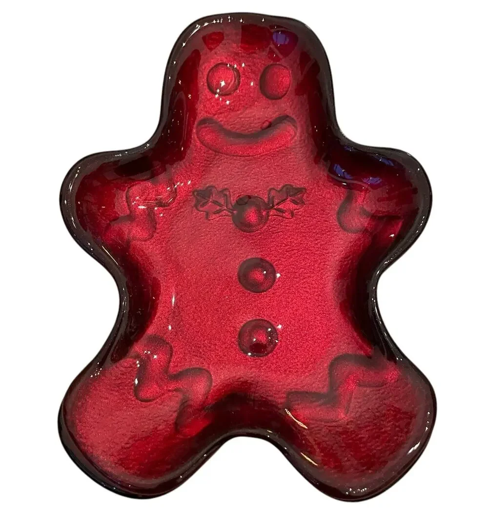 Akcam CHRISTMAS Gingerbread Man Glass Appetizer Plates Holiday Red Set of 4 New